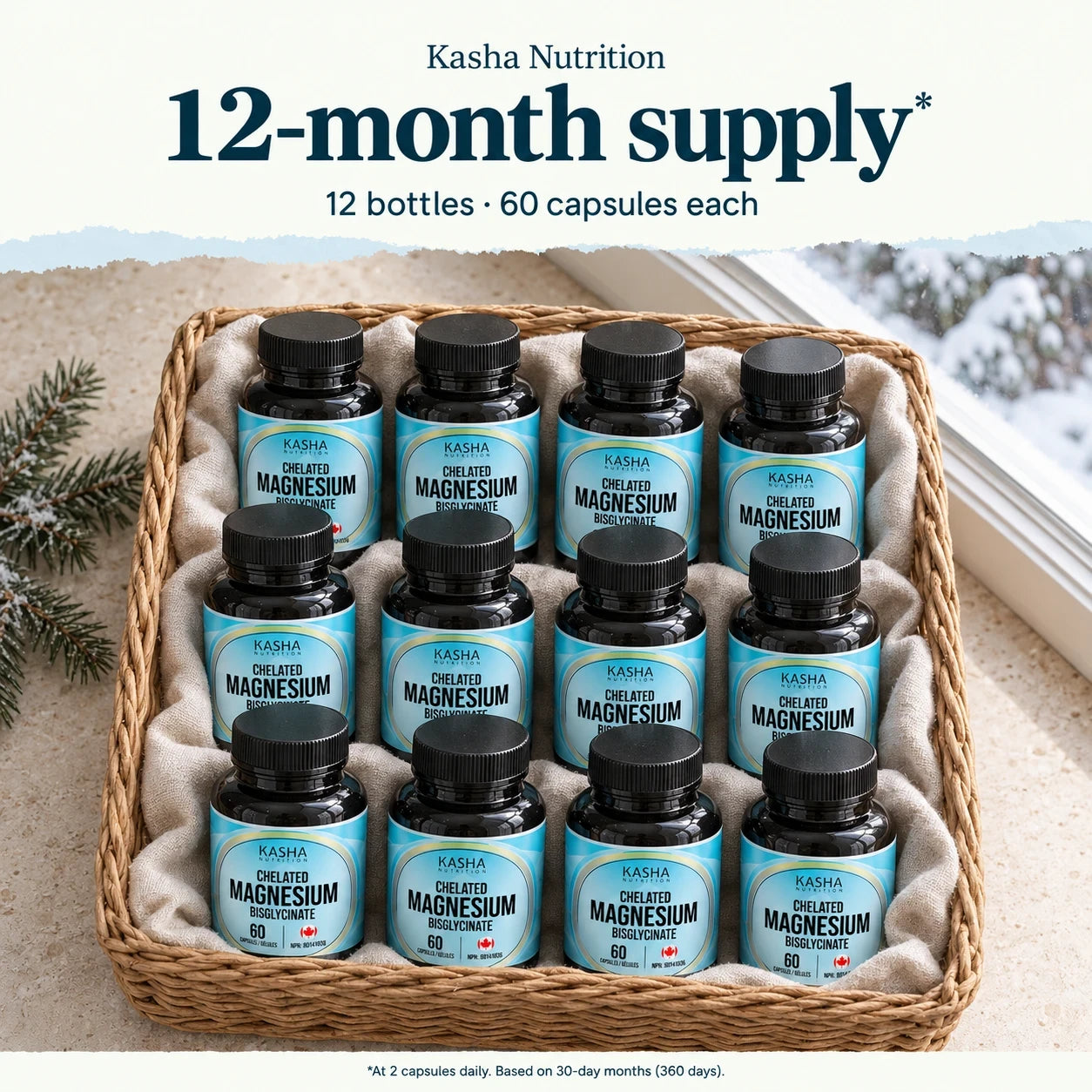 12 bottles of Kasha Magnesium Bisglycinate in a basket: a 12-month supply