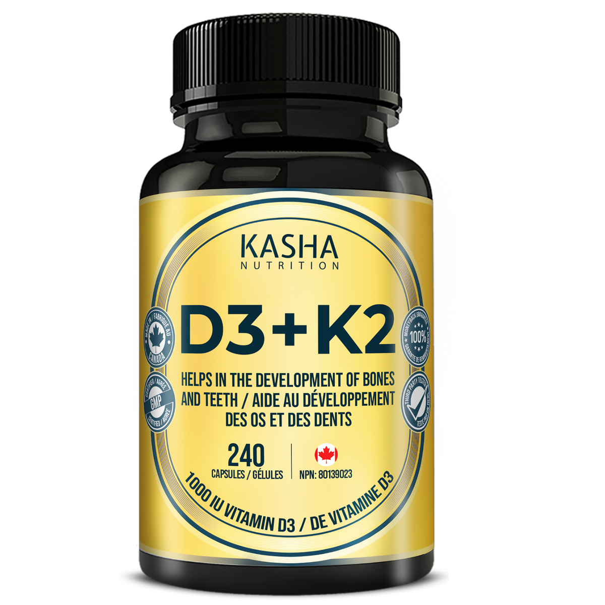 Vitamine D3+K2 supplement bottle by Kasha Nutrition, 240 gélules, NPN 80139023