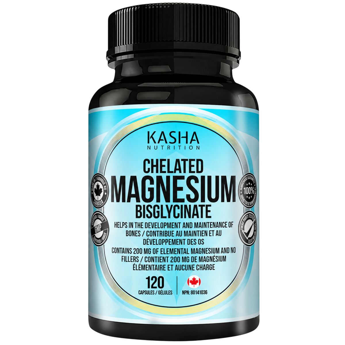 Bisglycinate de magnésium supplement bottle by Kasha Nutrition, 60 ou 120 gélules, NPN 80141036