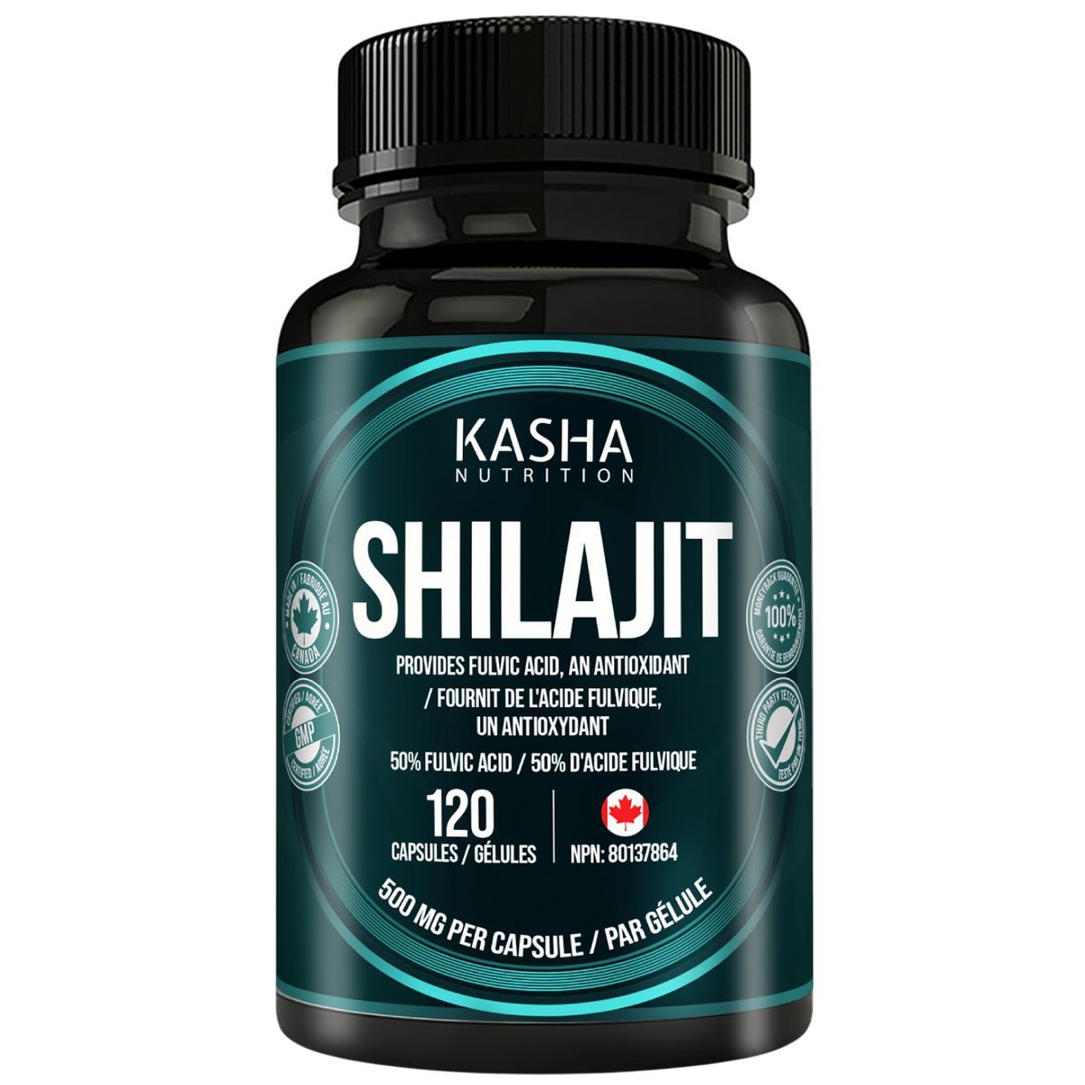 Shilajit de première qualité supplement bottle by Kasha Nutrition, 60 ou 120 gélules, NPN 80137864