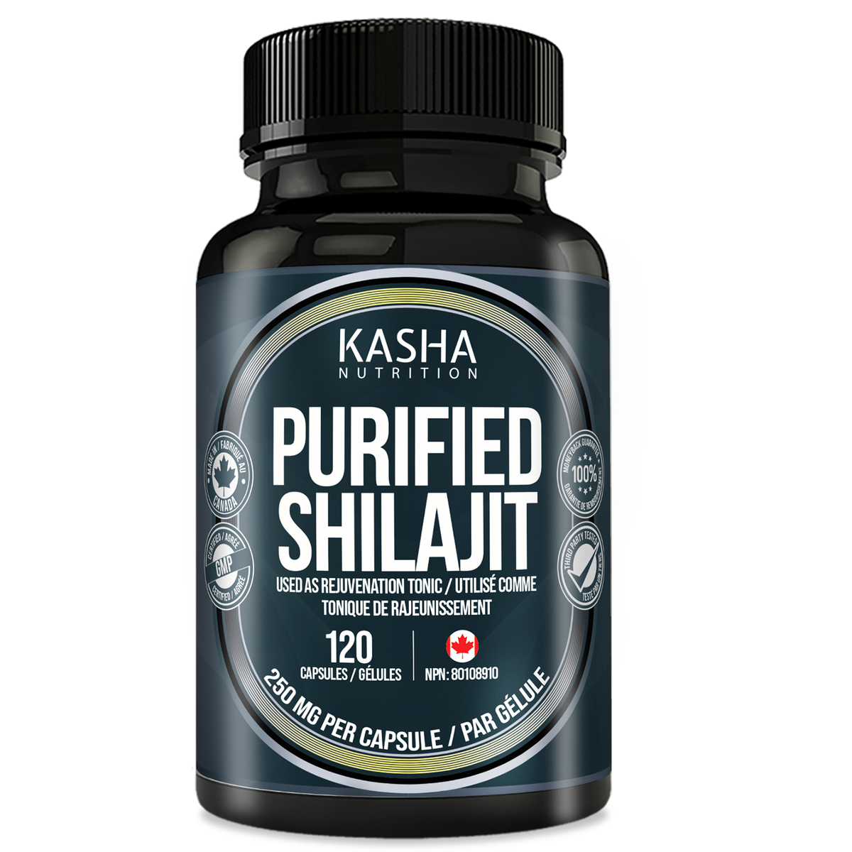 Shilajit purifié supplement bottle by Kasha Nutrition, 120 gélules, NPN 80137864