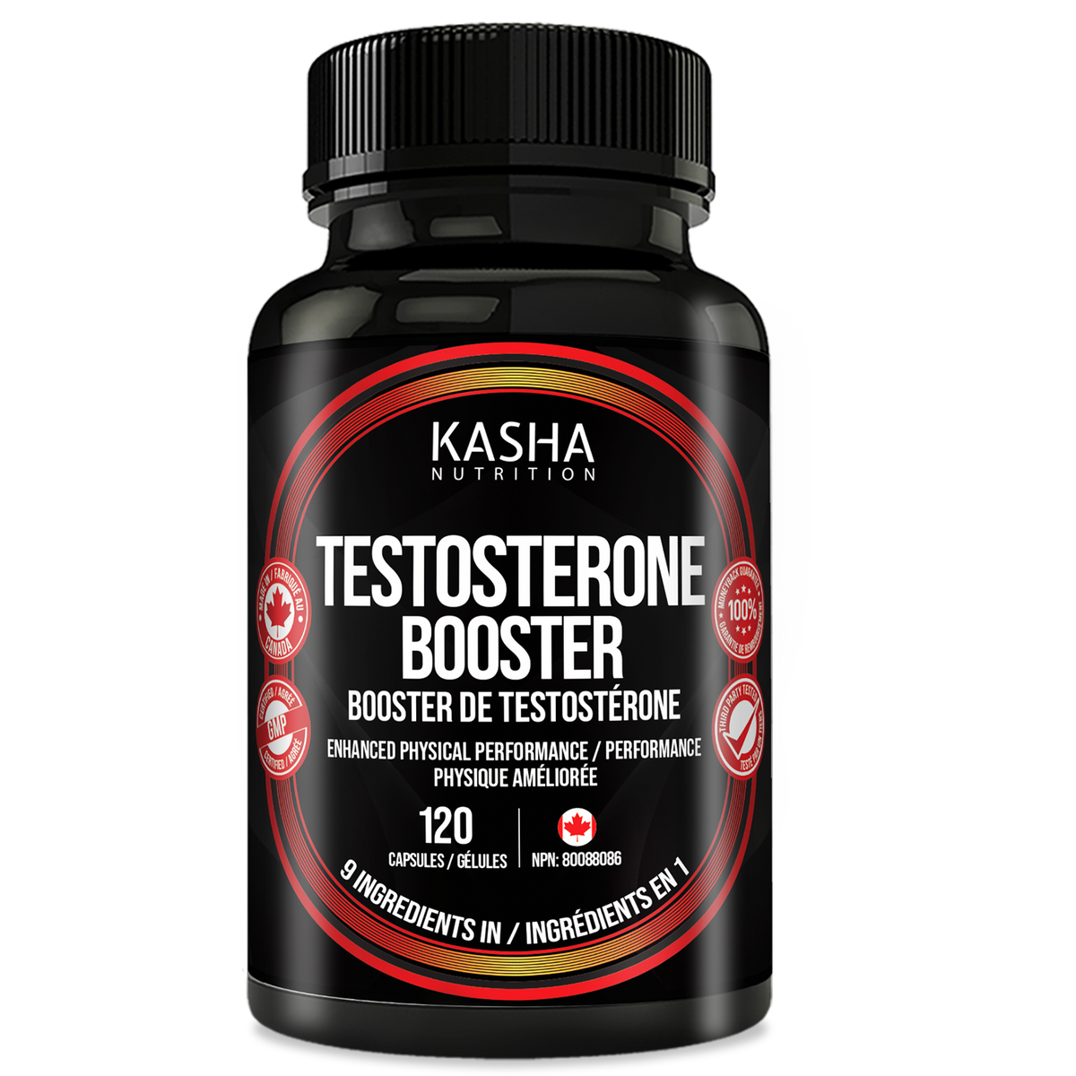 Booster de testostérone supplement bottle by Kasha Nutrition, 120 gélules, NPN 80088086