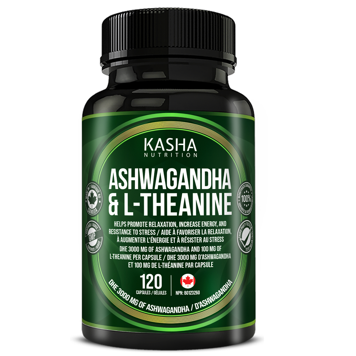 Ashwagandha + L-Théanine supplement bottle by Kasha Nutrition, 60 ou 120 gélules, NPN 80123260