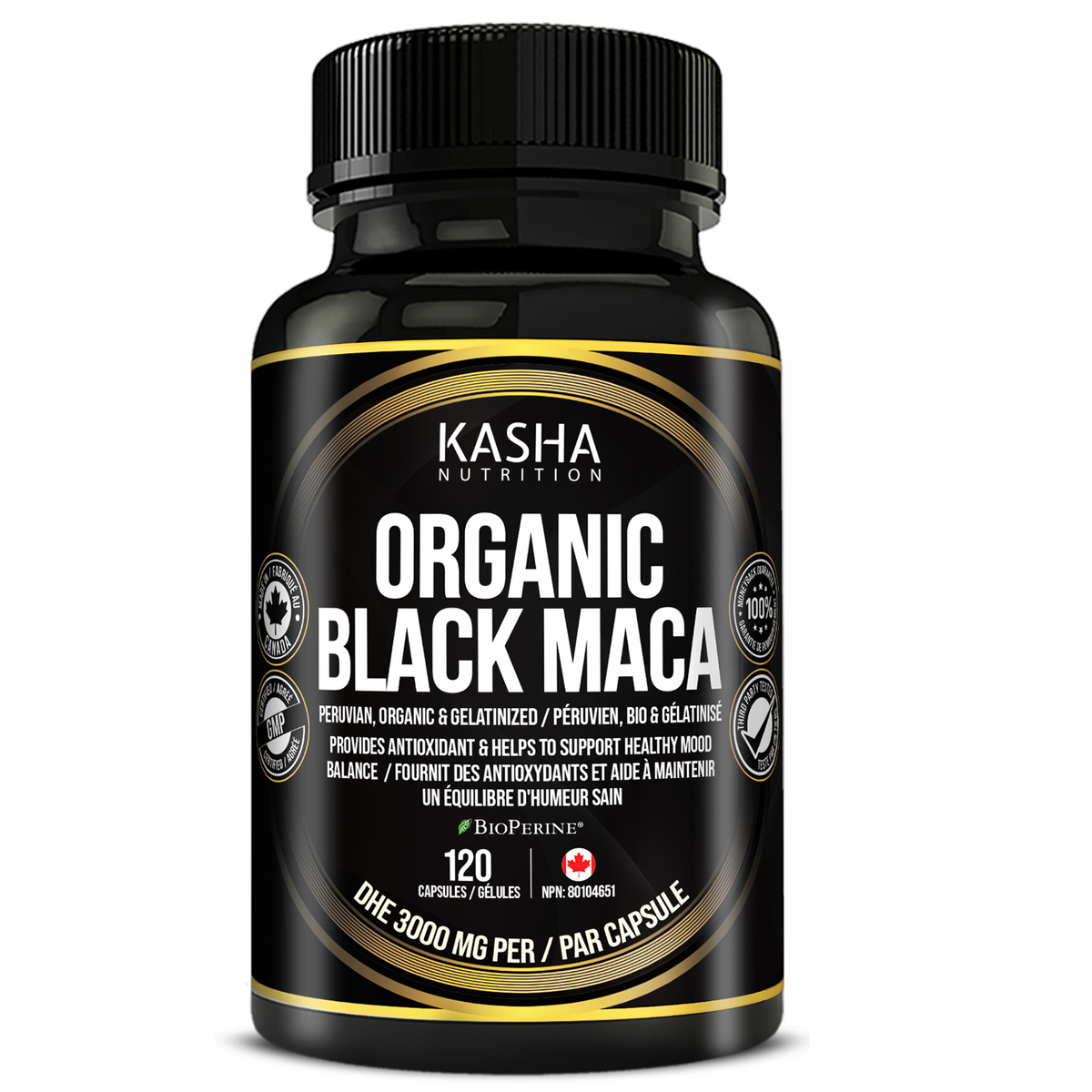 Maca Noire Bio supplement bottle by Kasha Nutrition, 120 gélules, NPN 80104651