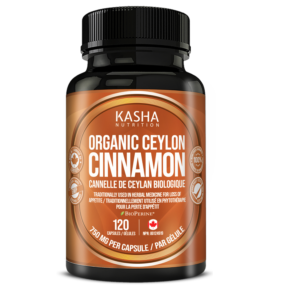 Cannelle de Ceylan biologique supplement bottle by Kasha Nutrition, 120 gélules, NPN 80124919