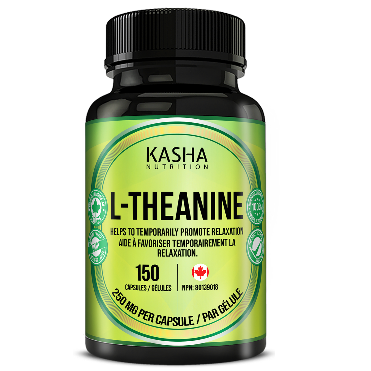 L-théanine supplement bottle by Kasha Nutrition, 150 gélules, NPN 80139018