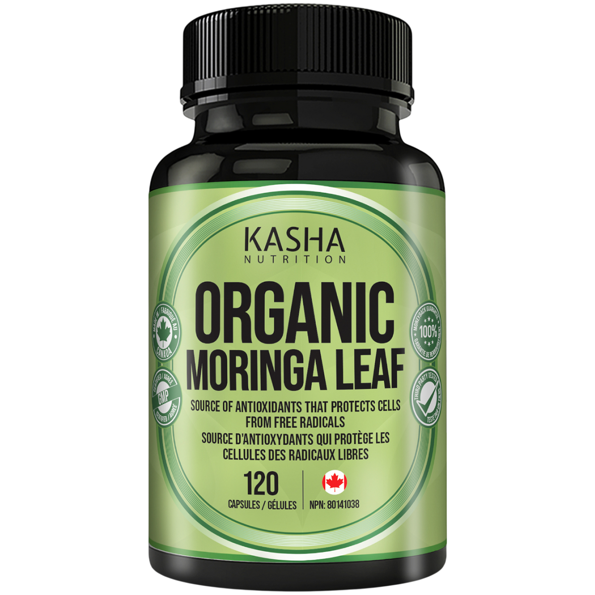 Feuille de moringa biologique supplement bottle by Kasha Nutrition, 120 gélules, NPN 80141038