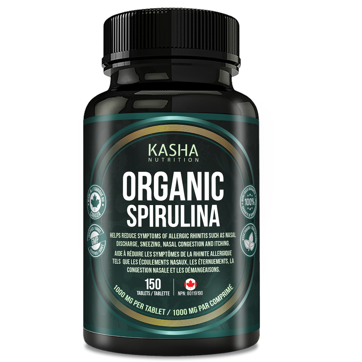 Spiruline bio supplement bottle by Kasha Nutrition, 150 Comprimés, NPN 80119190