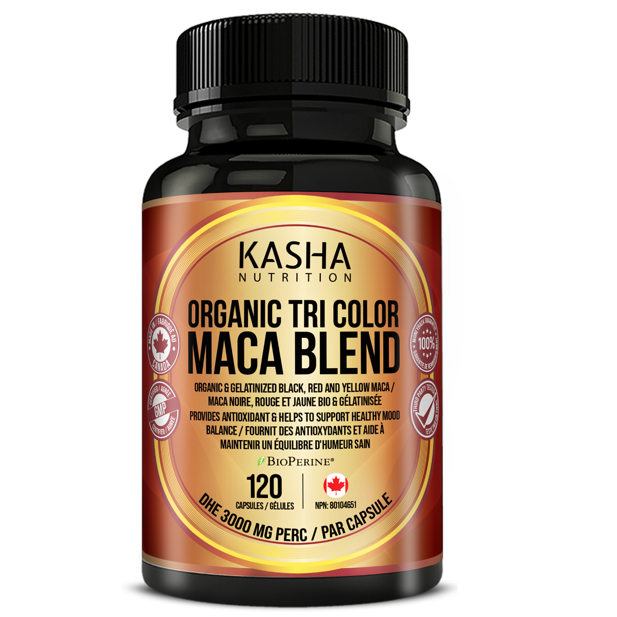 Maca biologique tricolore supplement bottle by Kasha Nutrition, 120 gélules, NPN 80104651