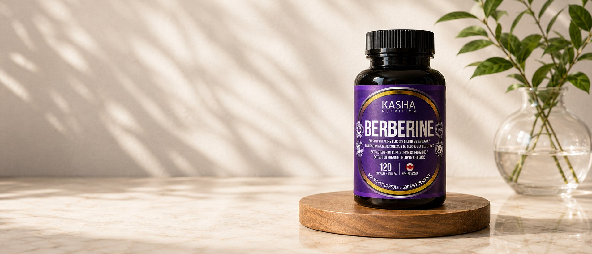 Kasha Nutrition supplement bottle on a calm minimal background. Precision-dosed formulas made in Canada