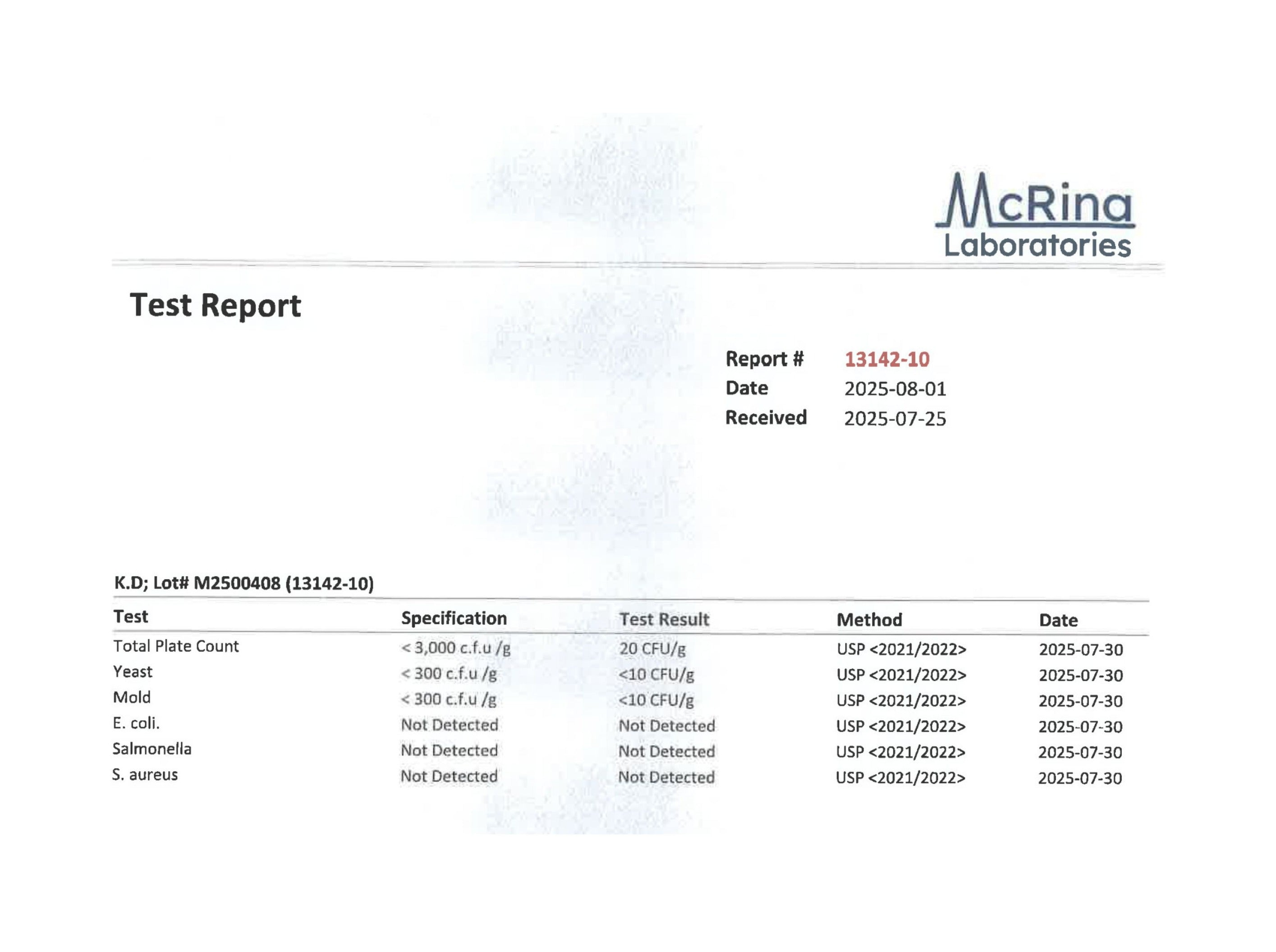 Microbiologie tierce partie: Résultats d'analyse D3 + K2 (240 gélules)